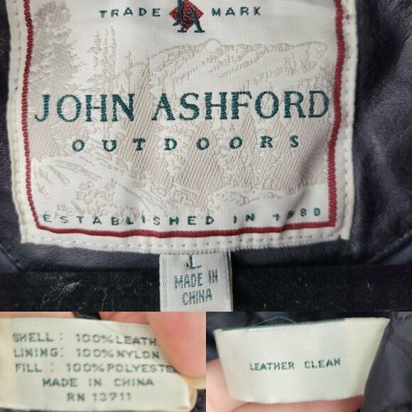 Vintage 80's John Ashford Leather Coat Anorak Jacket Collared Drawstring Black L - Picture 4 of 16